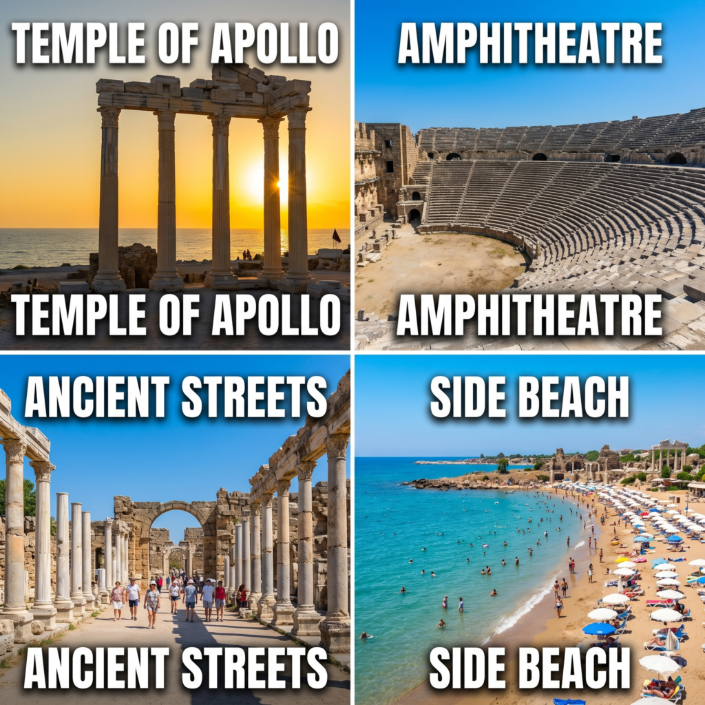 Side ancient city Antalya day trip – Temple of Apollo, amphitheatre, colonnaded streets and beach collage