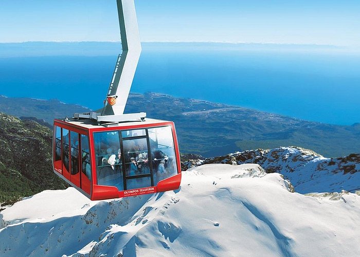 Olympos Cable Car above snow-capped Taurus Mountains, Antalya Turkey