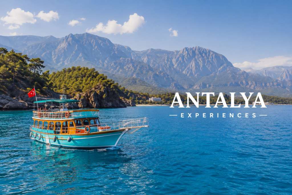 Antalya boat trip on the turquoise Mediterranean coast with Taurus Mountains in the background