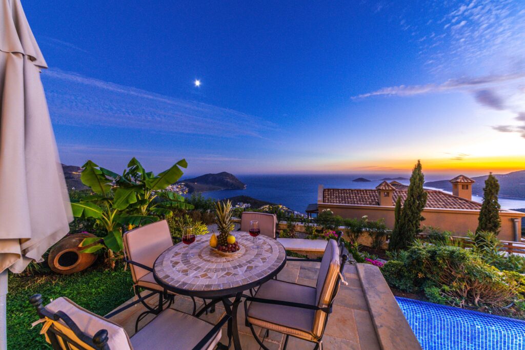 Terrace with garden furniture overlooking the sea near Kalkan