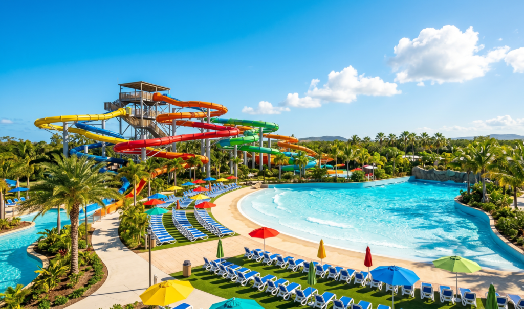 Colorful water park slides and pool on a summer day - Land of Legends Antalya guide