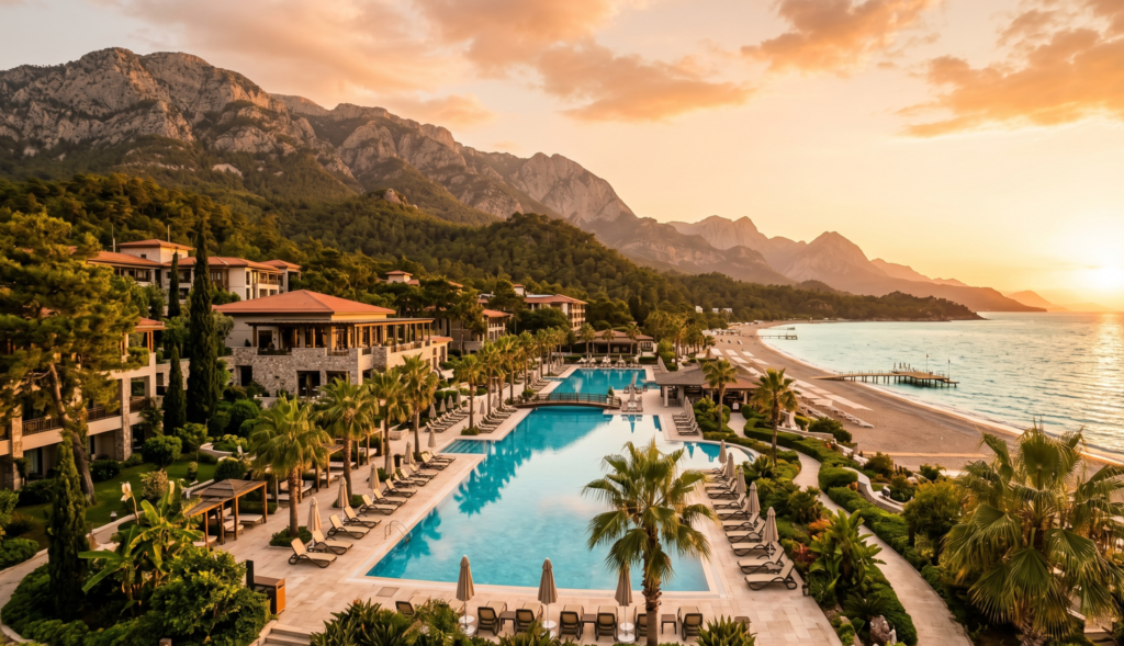 Luxury beach resort pool with Taurus mountains in Kemer Turkey - best hotels in Kemer