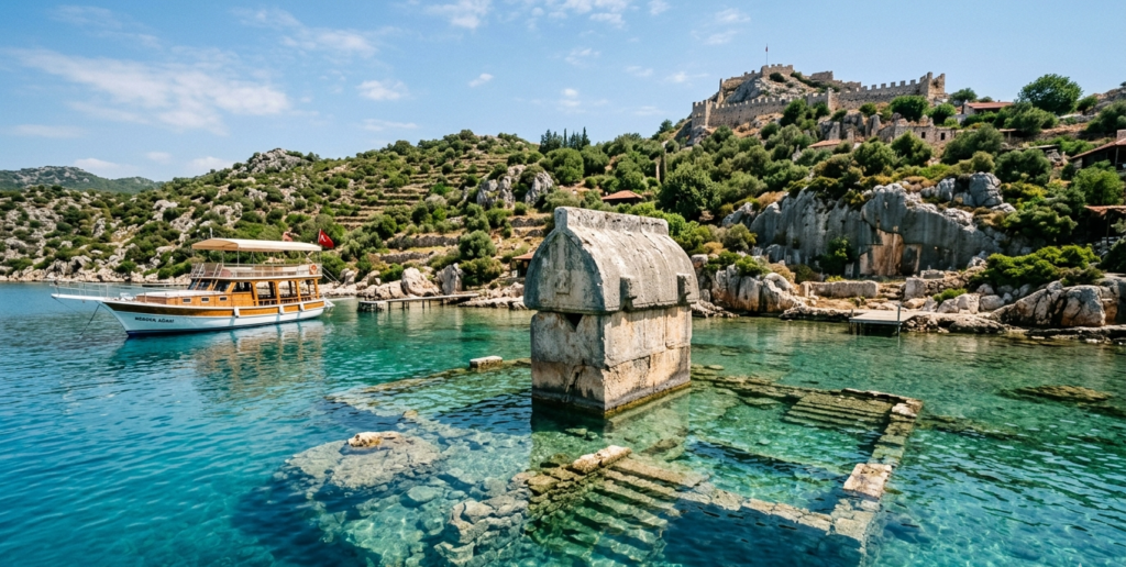 Half-sunken Lycian tomb over the clear water of Kekova near Kaş - Kekova sunken city boat trip