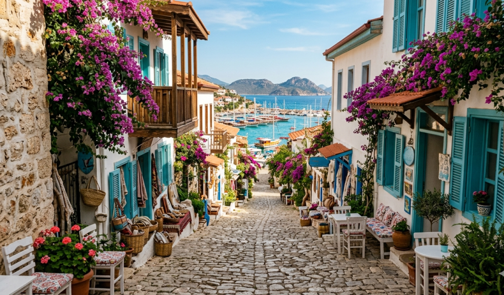 Bougainvillea-draped cobbled street in Kaş old town Turkey - things to do in Kaş