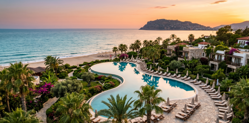 Luxury beach resort pool in Alanya Turkey at sunset - best hotels in Alanya