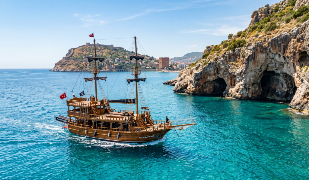 Pirate-style tour boat on the turquoise sea off Alanya - Alanya boat trip guide