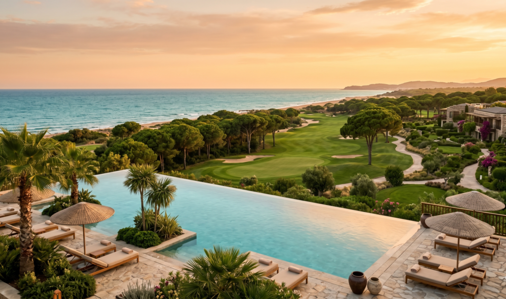 Luxury golf resort pool and course in Belek Turkey at sunset - best hotels in Belek
