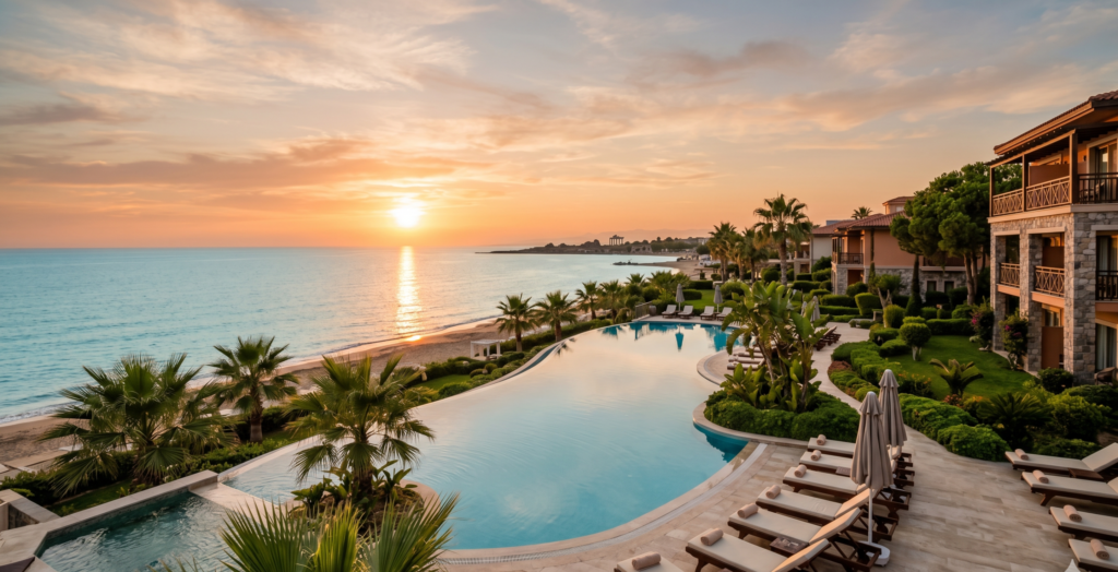 Luxury beachfront resort pool in Side Turkey at sunset - best hotels in Side