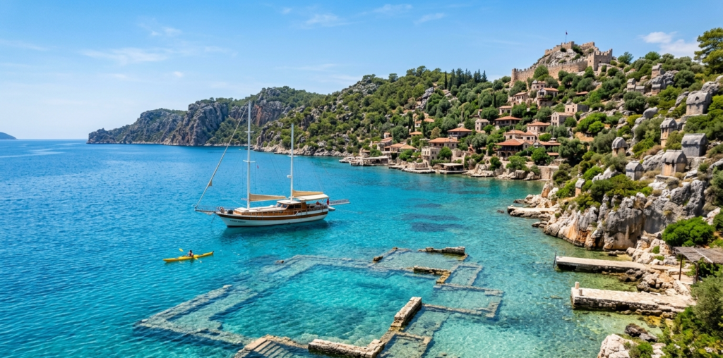 Kekova turquoise bay with sunken city and kayak near Kaş - best excursions from Kaş