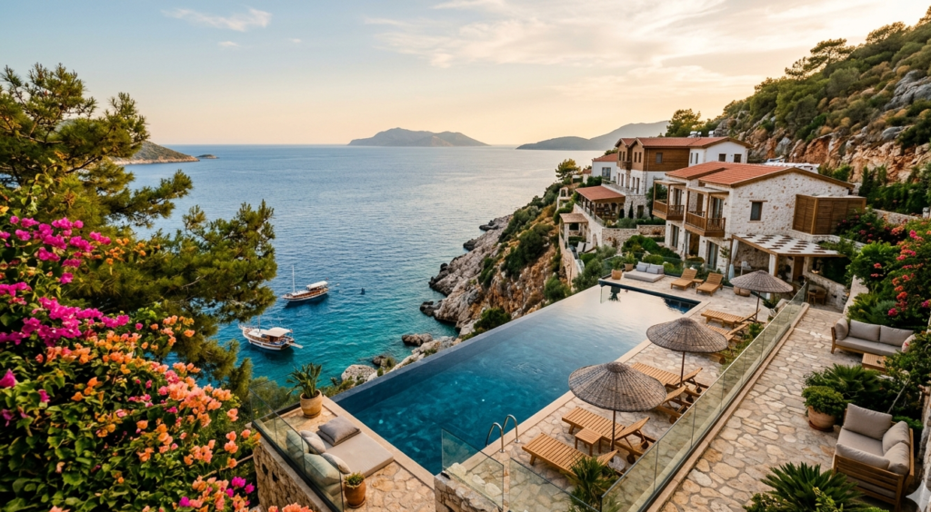 Cliffside boutique hotel pool over the sea on Çukurbağ Peninsula in Kaş - best hotels in Kaş