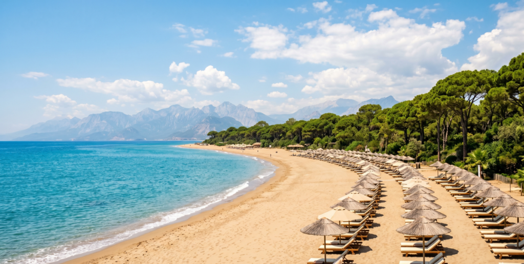Pine-backed Blue Flag beach and turquoise sea in Belek - things to do in Belek