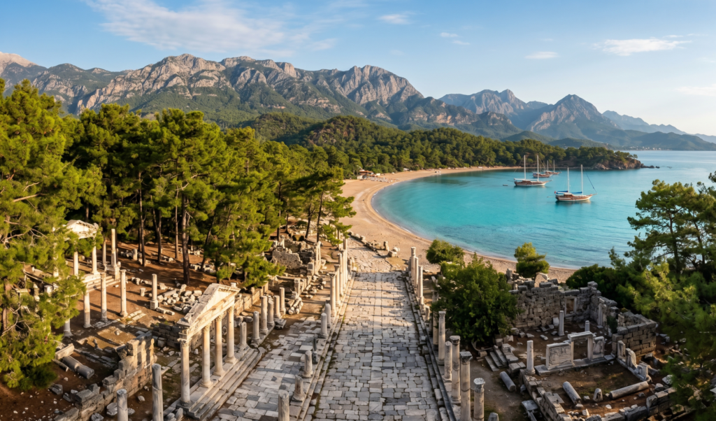 Phaselis ancient ruins beside the turquoise harbour near Kemer - Phaselis ancient city guide