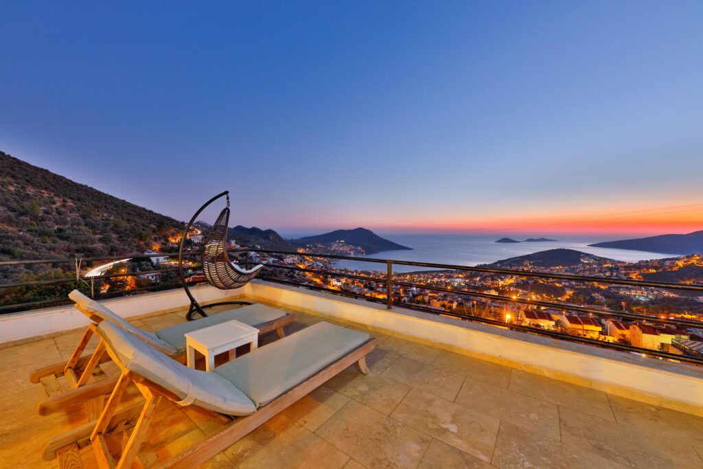 Deckchairs on a terrace overlooking the Mediterranean sea near Kalkan
