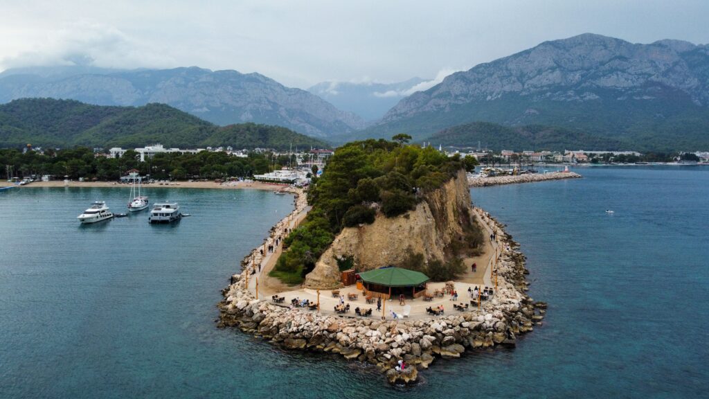 Aerial view of a rocky coast and mountains near Kemer
