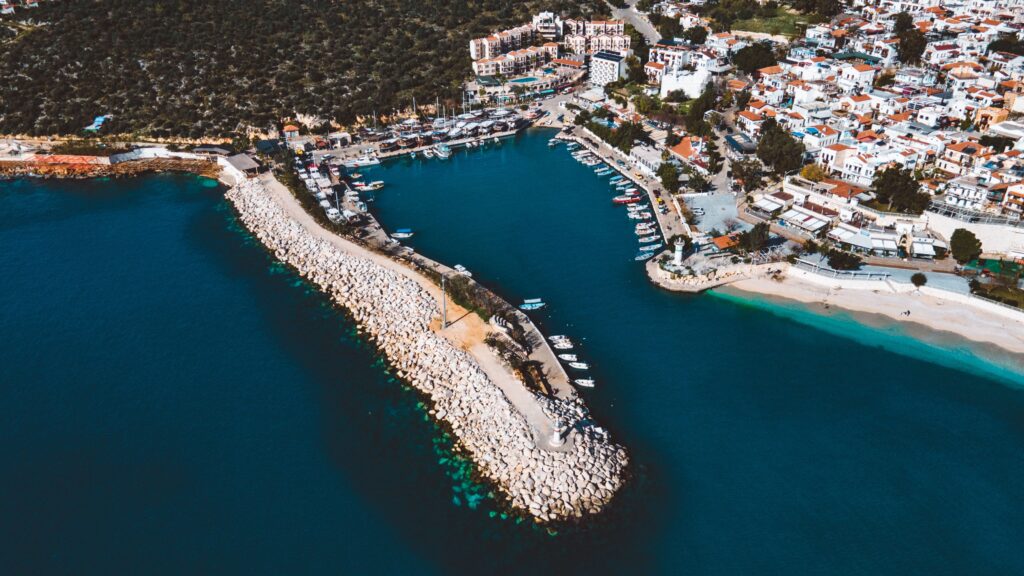 Aerial view of the picturesque harbor in Kalkan, Turkey