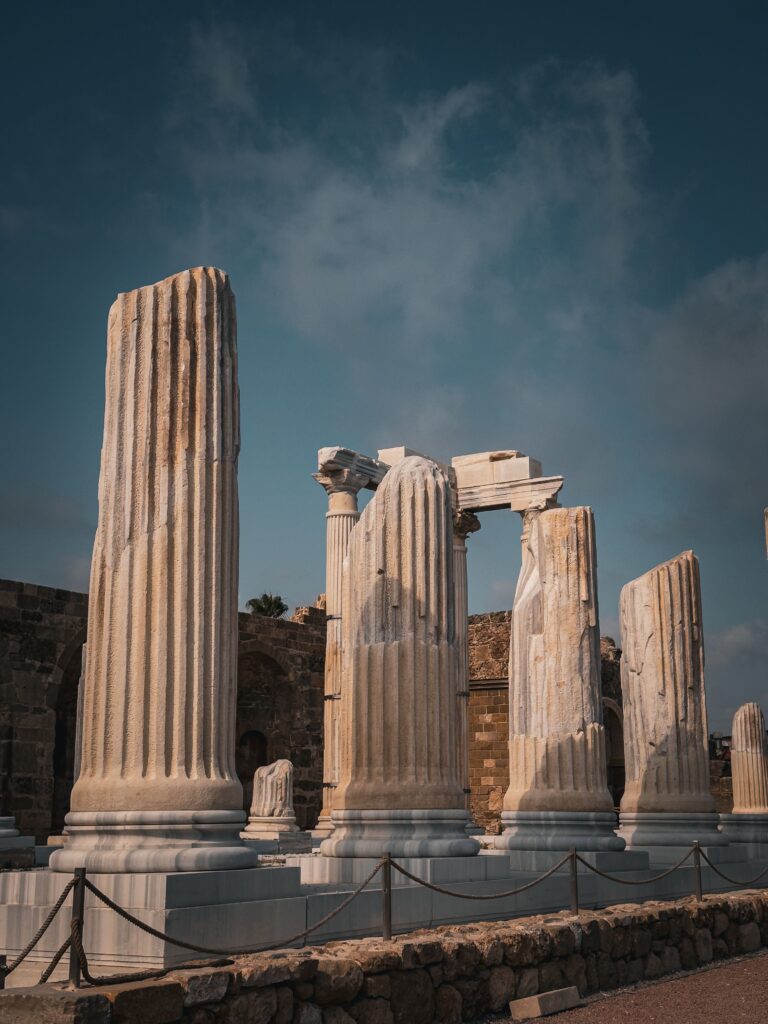 Ancient Roman columns at the historic site of Side, Antalya, Turkey