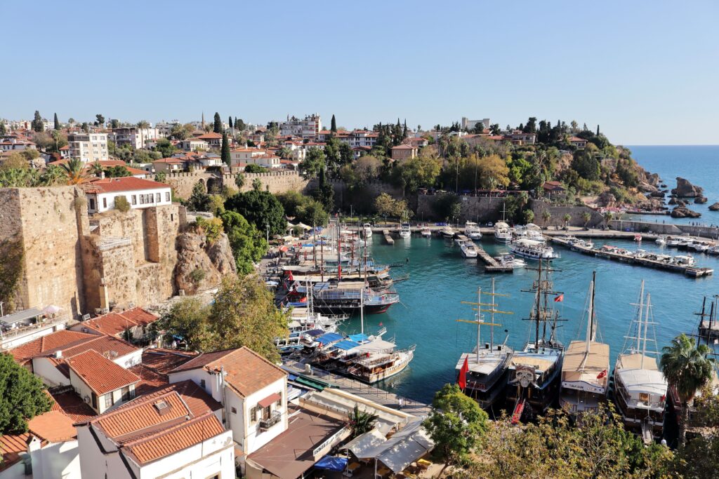Aerial view of Antalya's historic harbor with yachts and surrounding architecture