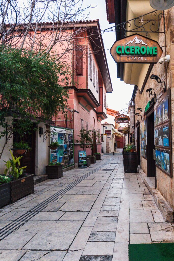 Picturesque alleyway in Antalya showcasing shops and cozy architecture
