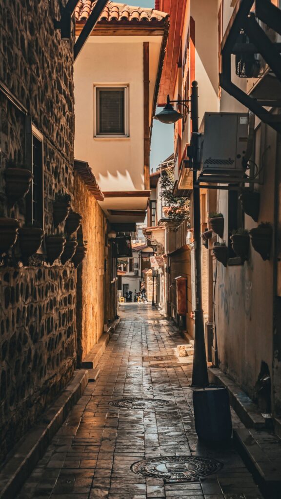 Quaint, historic street in Antalya with warm sunlight