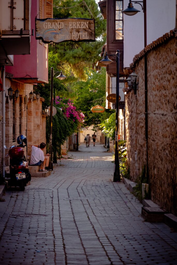 Picturesque cobbled street with historic buildings in Antalya