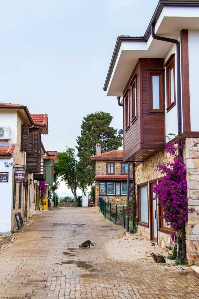 Narrow cobbled streets adorned with vibrant bougainvillea in Antalya