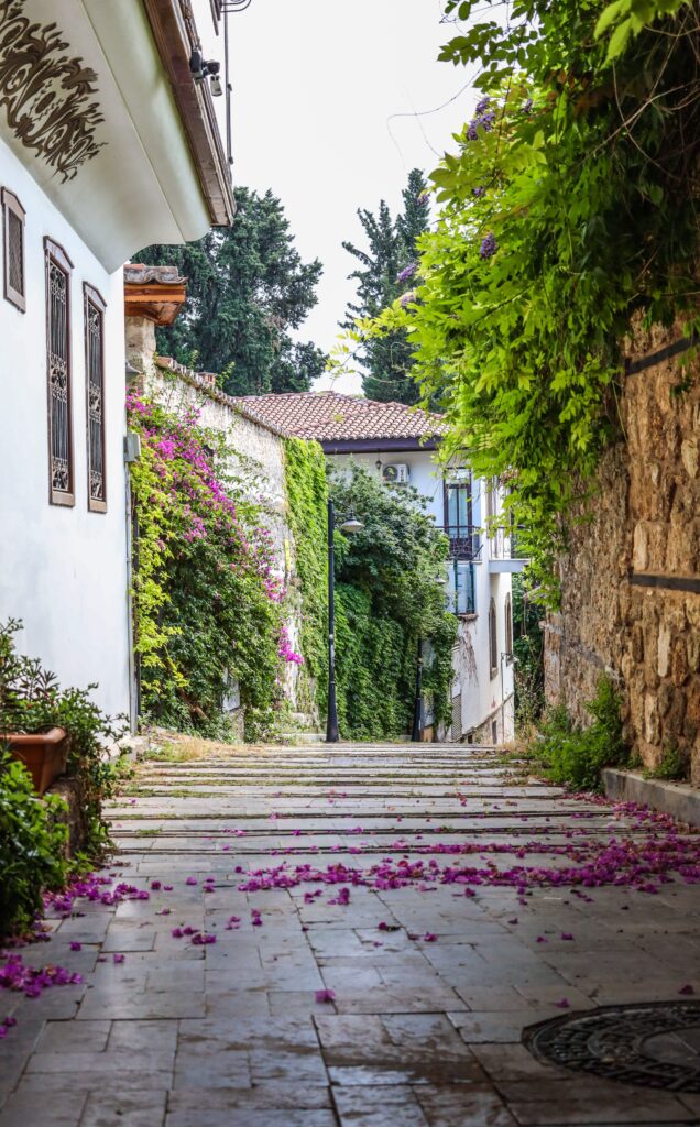 Picturesque street in Antalya's Kaleici, adorned with greenery