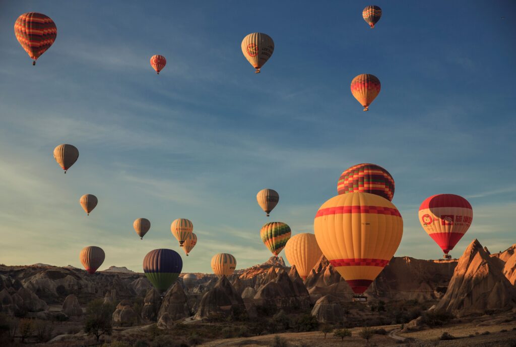 View of hot air balloons flying over Cappadocia, Turkey