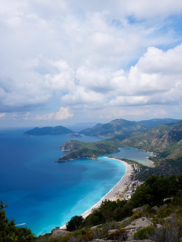 Aerial view of Oludeniz Beach turquoise waters in Fethiye, Turkiye