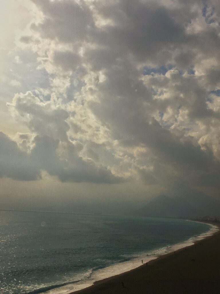 Aerial view of an Antalya beach under cloudy sky