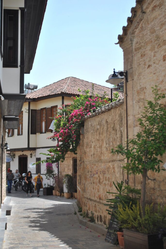Quaint alleyway with historical buildings in Kaleici, Antalya old town