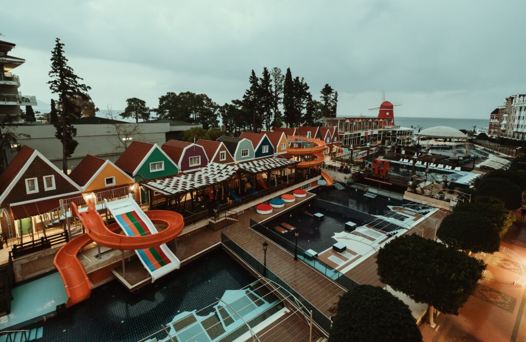 Colorful resort with water slides in Antalya, Turkey