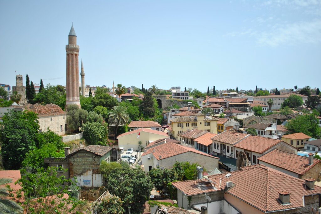 Aerial view of Kaleici old town in Antalya, Turkey with Yivli Minaret