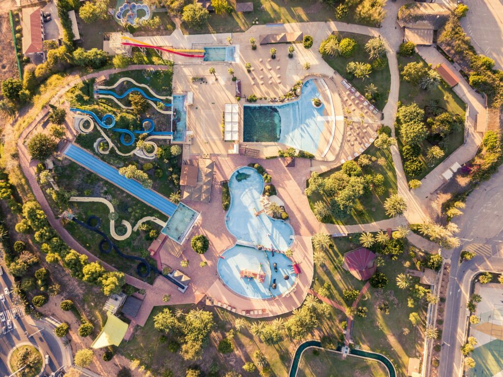 Aerial view of a water park with slides and pools