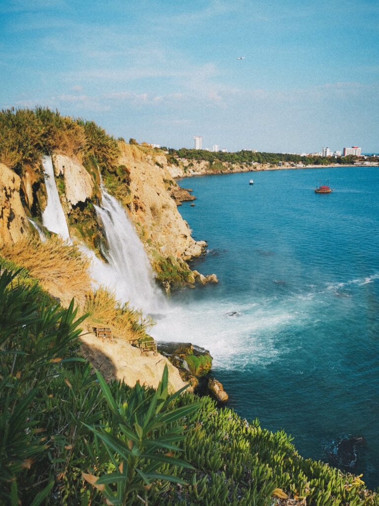 Duden Waterfalls cascading into the Mediterranean Sea in Antalya, Turkey