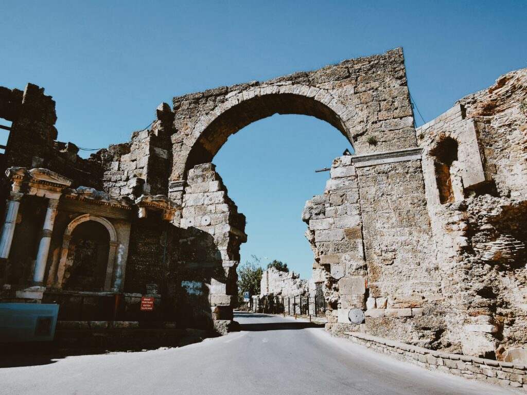 The historic Vespasian Gate, a Roman arch in Side, Turkey