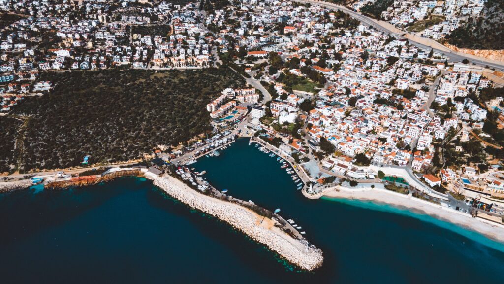 Aerial shot of the coastal Mediterranean town of Kalkan with its harbor