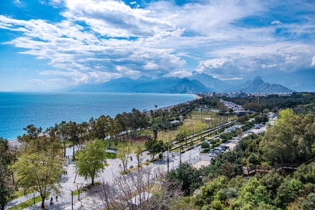 Scenic view of Antalya's coastline and mountains near Lara Beach