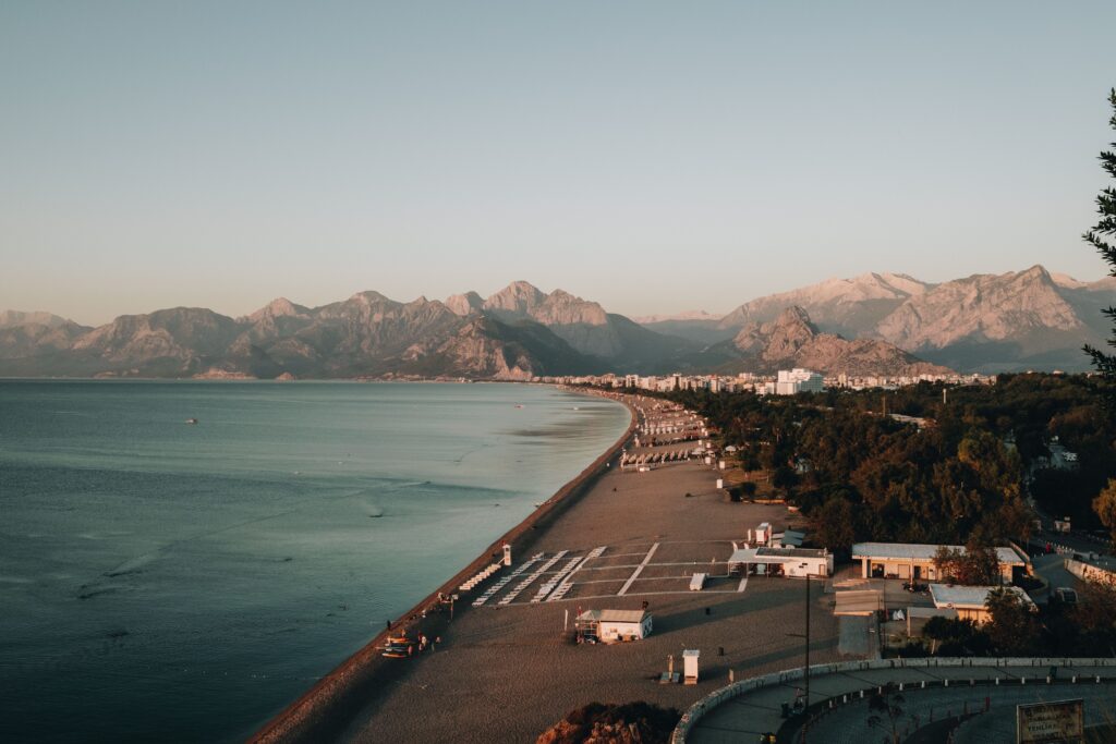 Beach and mountains along the sea in Antalya