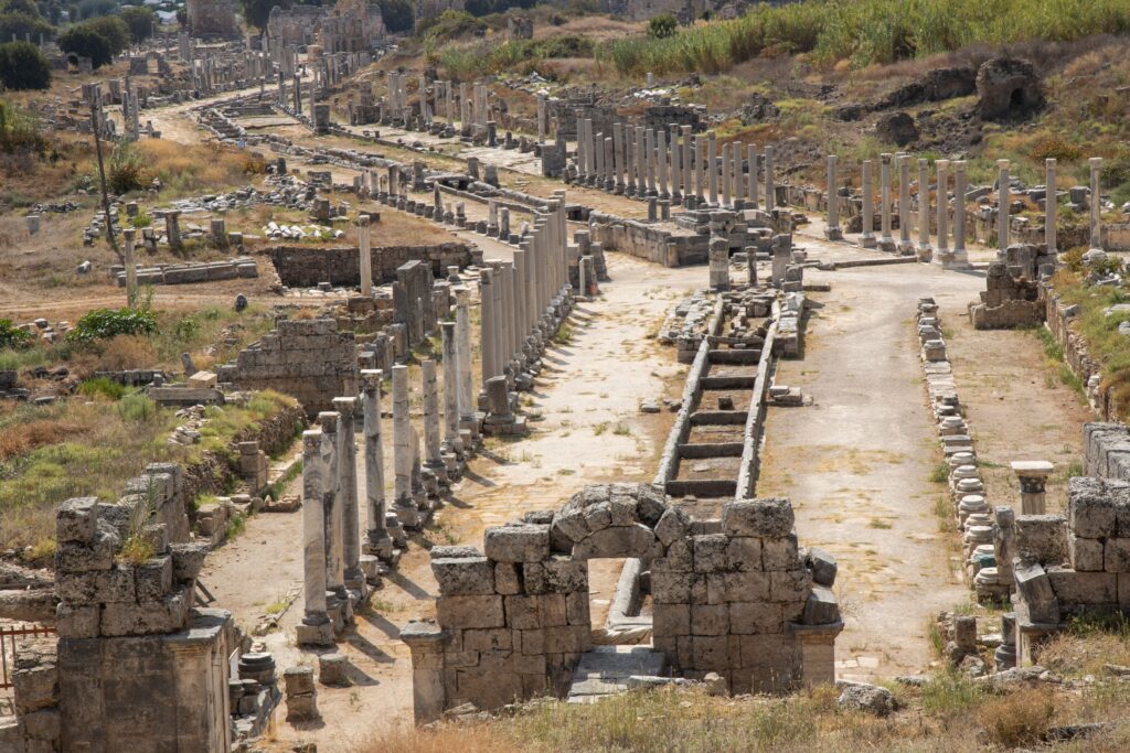 Ancient ruins and columns of Perge, Antalya, Turkey