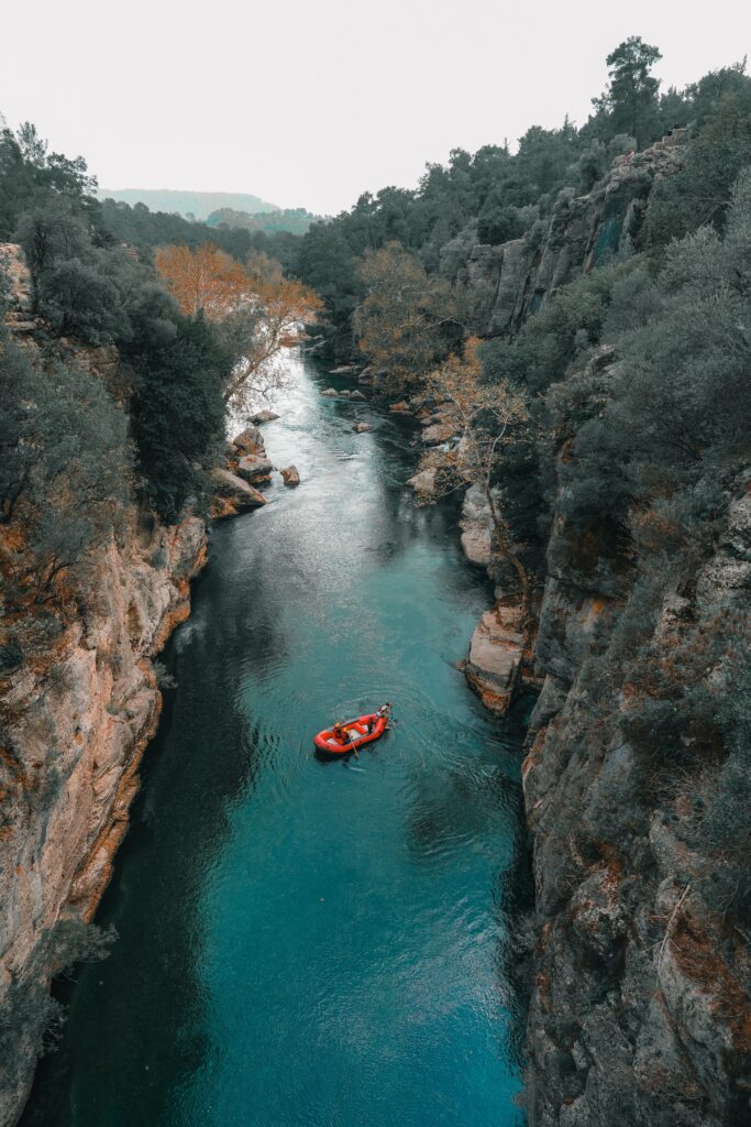 Aerial view of rafting in the turquoise waters of Koprulu Canyon