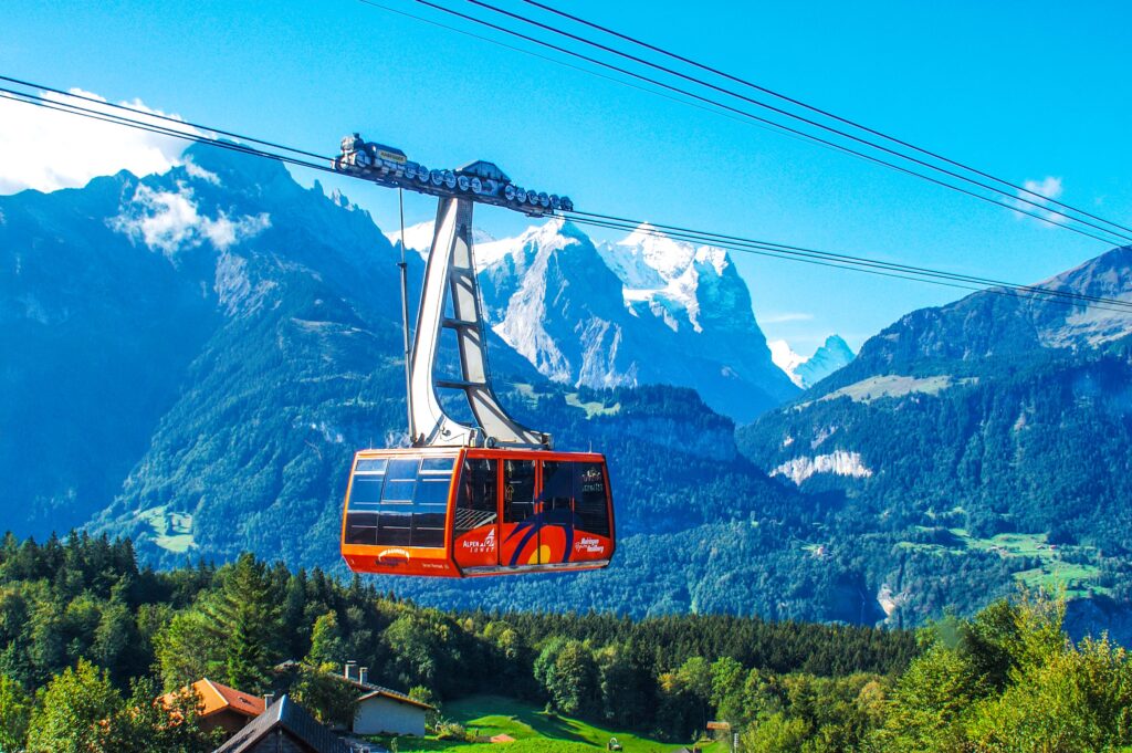 Cable car with a view of mountains