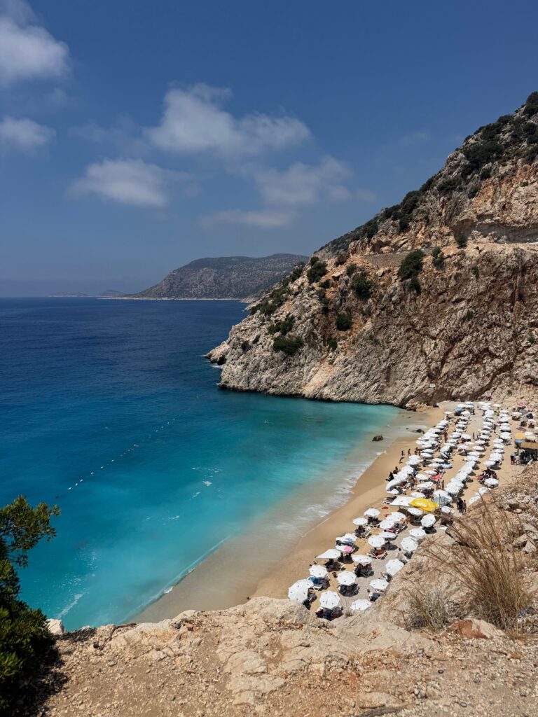 Aerial view of the turquoise water and steps down to Kaputas Beach near Kas, Turkey
