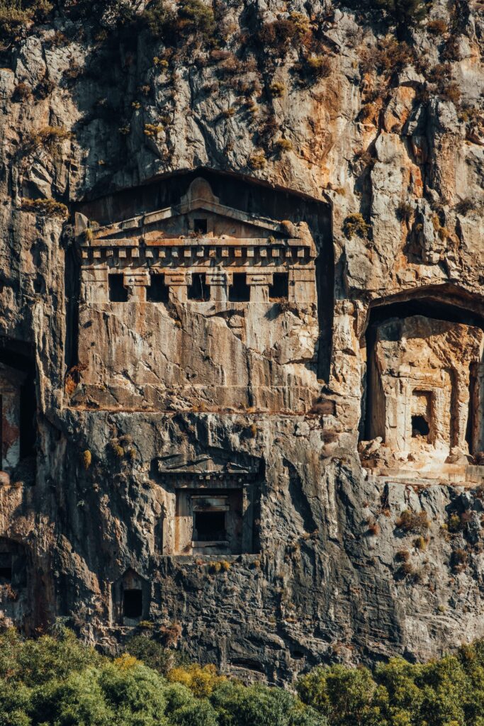 Lycian rock-cut tombs carved into the cliff above the Dalyan river