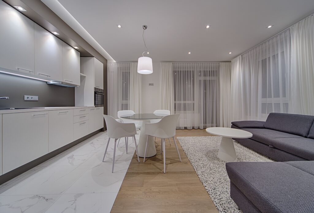 Contemporary serviced apartment living room and kitchen in Antalya