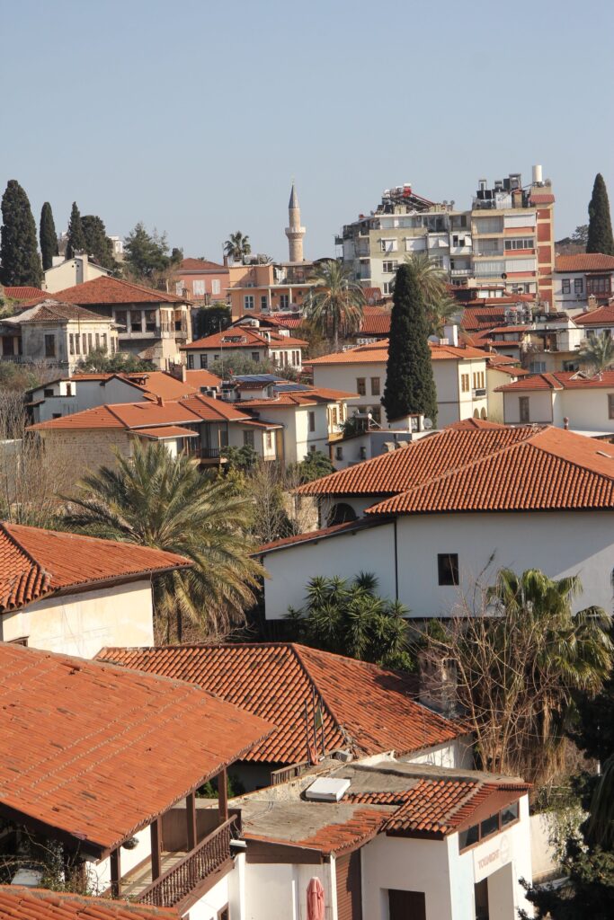 Kaleici old town rooftops in Antalya with a minaret in the distance