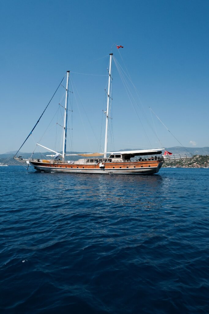 Traditional wooden Turkish gulet sailing boat off the Antalya coast