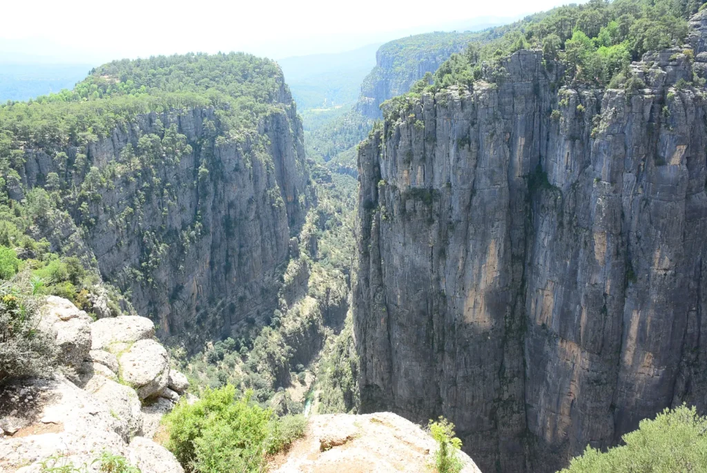 Tazı Canyon's vertical cliffs and deep gorge seen from the rim viewpoint near Antalya