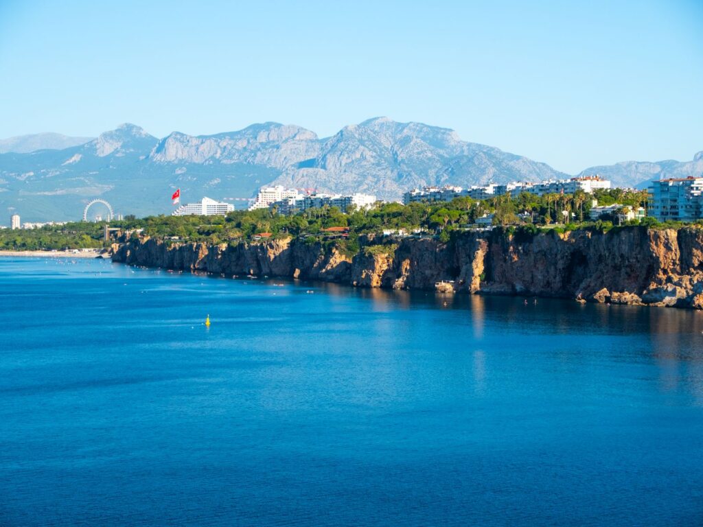 Antalya cliffs and coastline with the Taurus Mountains in the distance