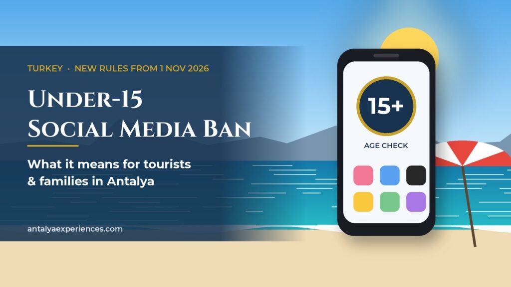 Turkey under-15 social media ban cover: smartphone with a 15+ age check on an Antalya beach